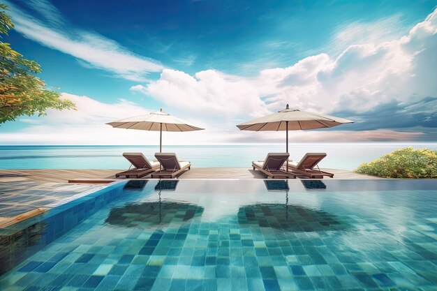 Resort di lusso per vacanze con piscina amaca e ombrelloni Ai generativa