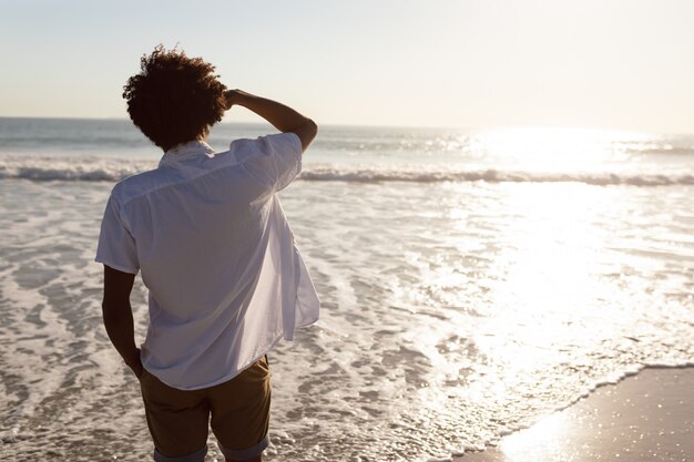 Retrovisione dell'uomo che esamina mare sulla spiaggia