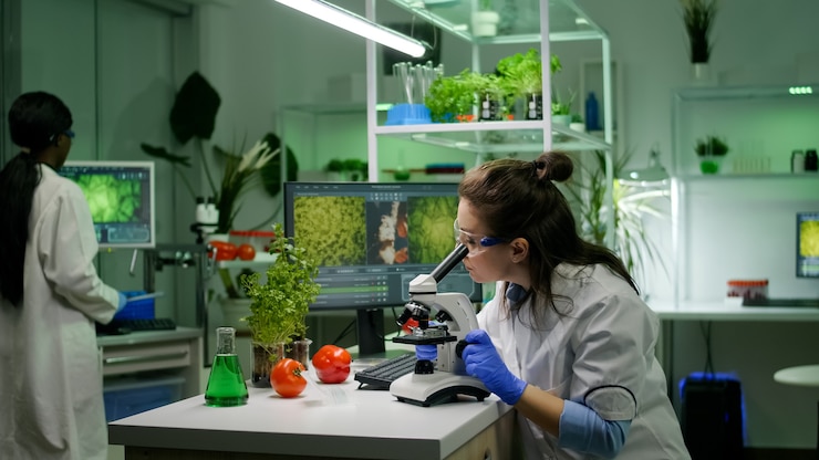 Foto gratuito ricercatore biologo che analizza vetrino biologico per competenze agricole utilizzando il microscopio