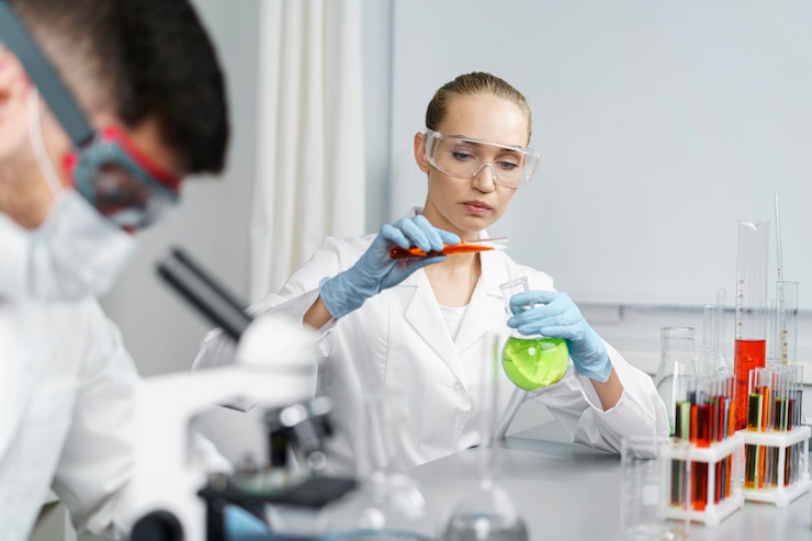 Foto gratuito ricercatore femminile in laboratorio con provette e collega di sesso maschile
