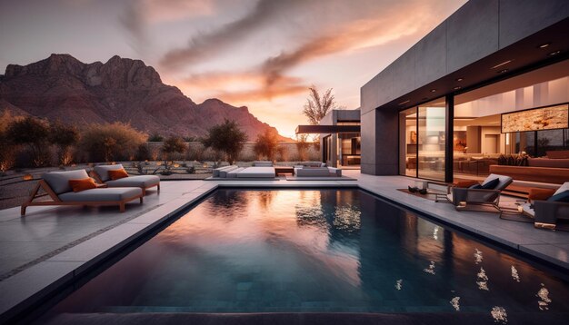 Rilassamento di lusso a bordo piscina al tramonto con vista panoramica mozzafiato generata dall'IA