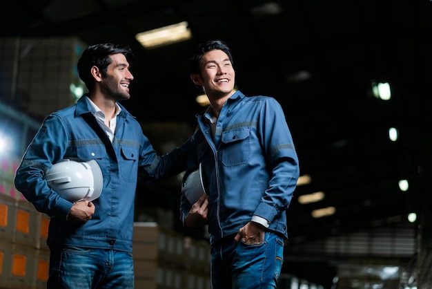 Rilassati casual maschio asiatico e caucasico ingegnere lavoratore personale in uniforme conversazione felice dopo il lavoro in background di distribuzione del magazzino