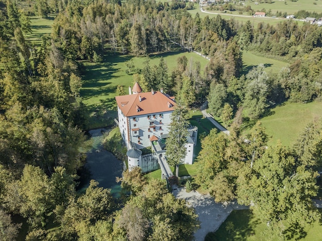 Ripresa aerea del bellissimo castello bianco Grad Snežnik in Slovenia