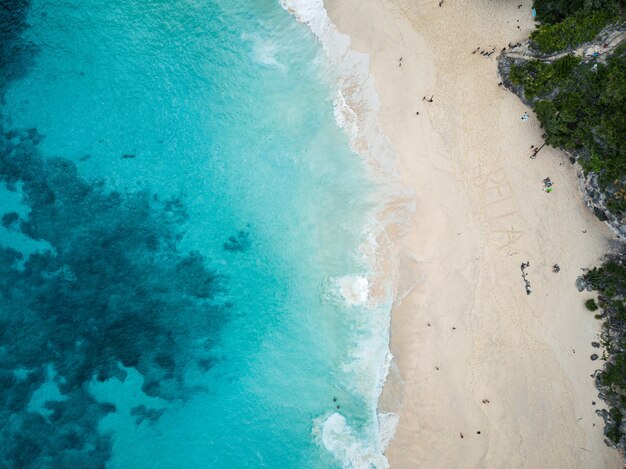 Ripresa aerea della spiaggia circondata dal verde e dal mare