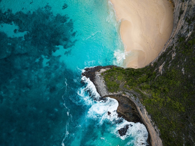 Ripresa aerea delle scogliere ricoperte di verde circondate dal mare - perfetto per gli sfondi