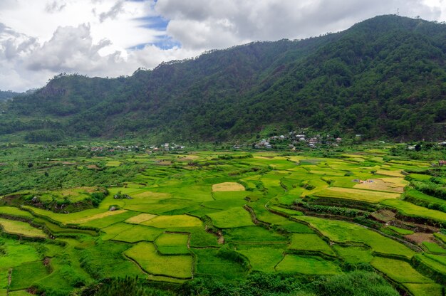 Ripresa aerea di un bellissimo paesaggio verde con alte montagne a Sagada, Filippine