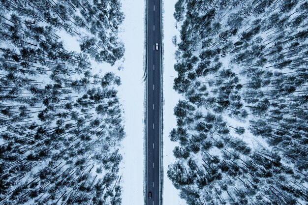 Ripresa aerea di una strada in una foresta coperta di neve durante l'inverno
