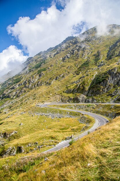 Ripresa verticale di un sentiero che porta su montagne verdi rocciose