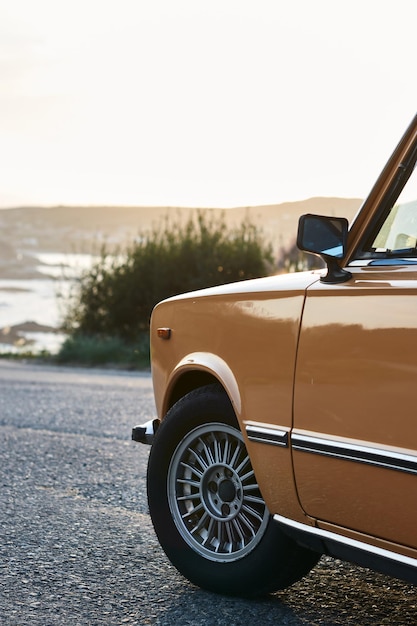 Ripresa verticale di una bella auto d'epoca brunastra sulla strada vicino a un lago