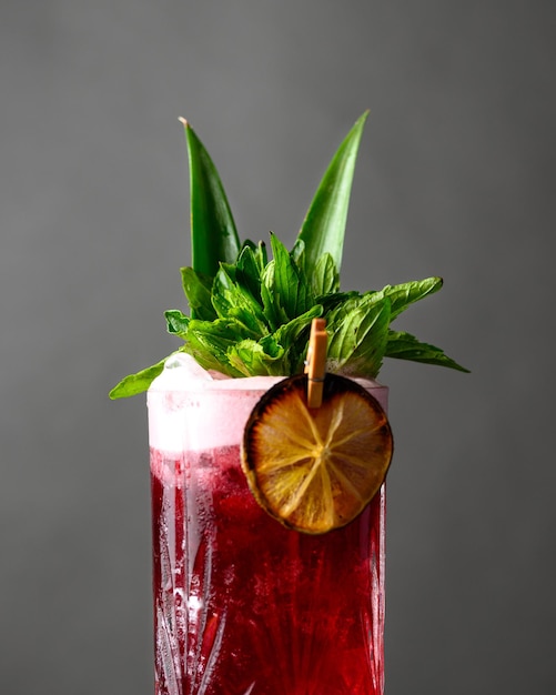 Ripresa verticale di una deliziosa bevanda alcolica rossa con una fetta di limone essiccata e verdure vivaci