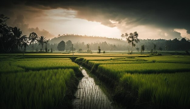 Riso biologico raccolto al tramonto La bellezza di Bali generata dall'IA