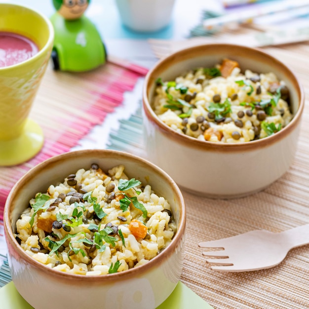 Risotto alla zucca kids food, con lenticchie verdi