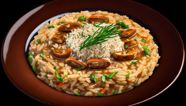 Risotto salutare cucinato con funghi commestibili generati dall'IA