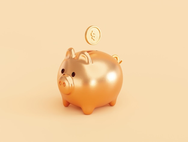 Risparmio di denaro con oro salvadanaio finanza risparmio investimento concetto sfondo illustrazione 3D