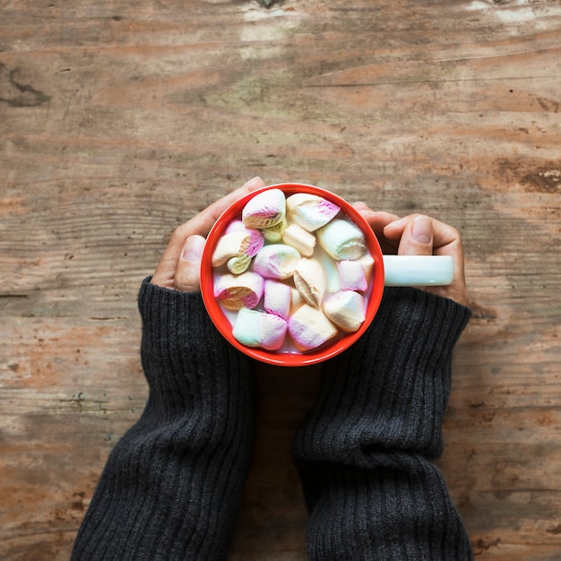 Ritaglia le mani con una tazza di cioccolata calda