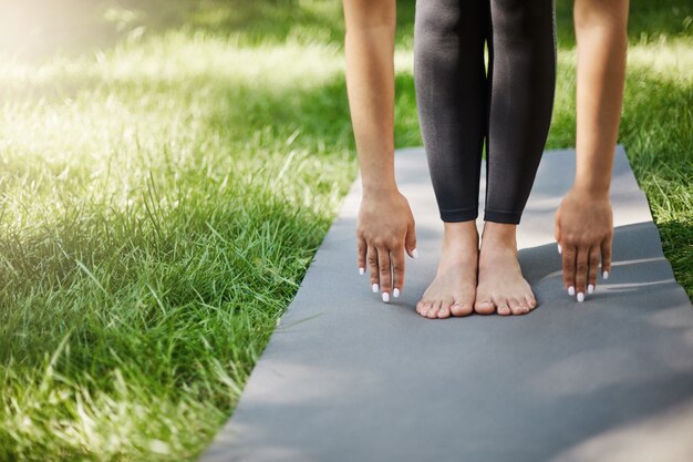 Ritagliata colpo di donna che fa pilates o yoga o esercizi nel parco. Mani e piedi piantati sul materassino yoga.