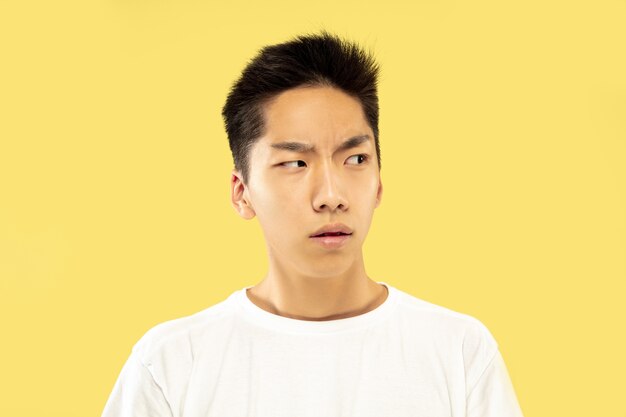 Ritratto a mezzo busto del giovane coreano su sfondo giallo studio. Modello maschile in camicia bianca. Dubbi, incerti, riflessivi, sguardo serio. Concetto di emozioni umane, espressione facciale.