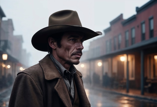 Ritratto cinematografico di un cowboy americano nell'ovest con un cappello