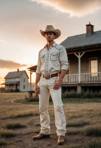 Ritratto cinematografico di un cowboy americano nell'ovest con un cappello