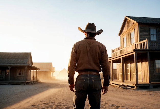 Ritratto cinematografico di un cowboy americano occidentale con un cappello
