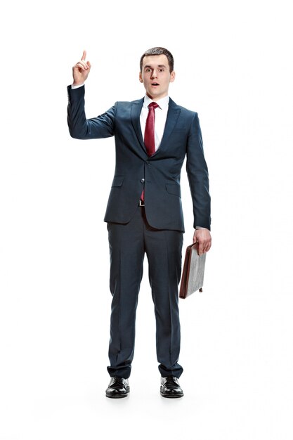 Ritratto completo del corpo dell'uomo d'affari con la cartella su bianco