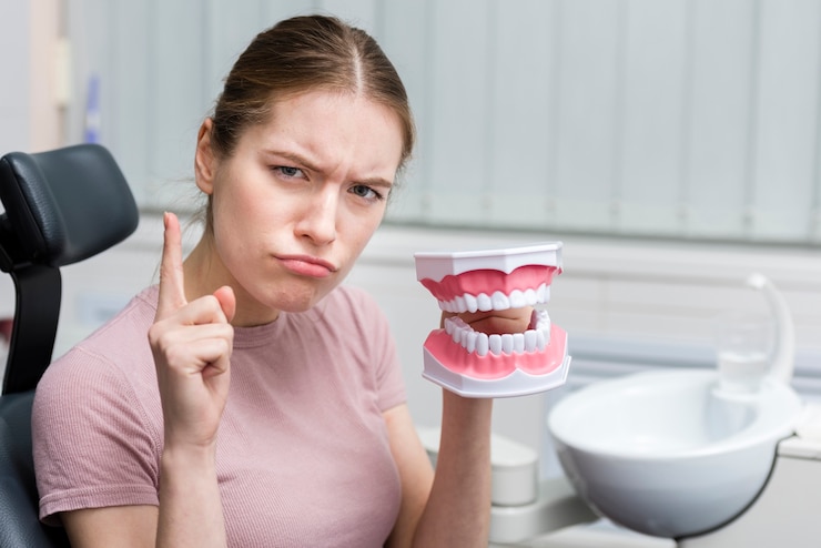 Foto gratuito ritratto dei denti del giocattolo della tenuta della donna adulta