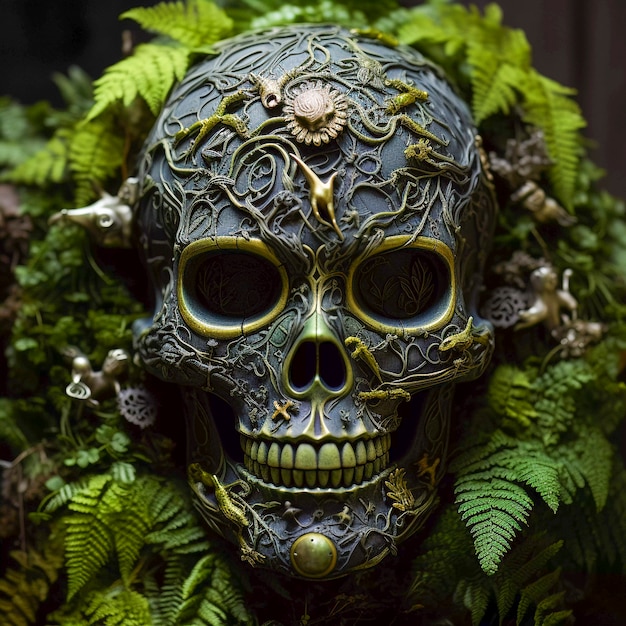 Ritratto del cranio dello scheletro umano con vegetazione
