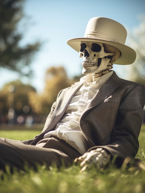 Ritratto del cranio dello scheletro umano seduto sull'erba