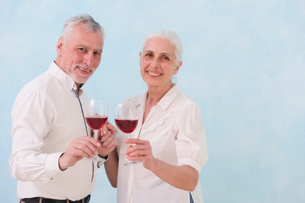 Ritratto del marito e della moglie felici che tengono il vetro di vino che esamina macchina fotografica