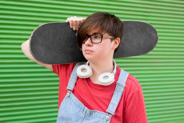 Foto gratuito ritratto del pattino alla moda della tenuta dell'adolescente