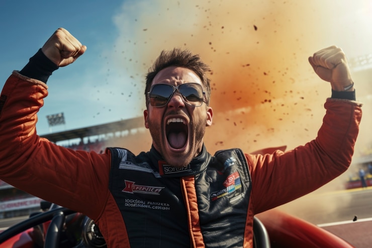Foto gratuito ritratto del pilota vittorioso di un'auto da corsa maschile