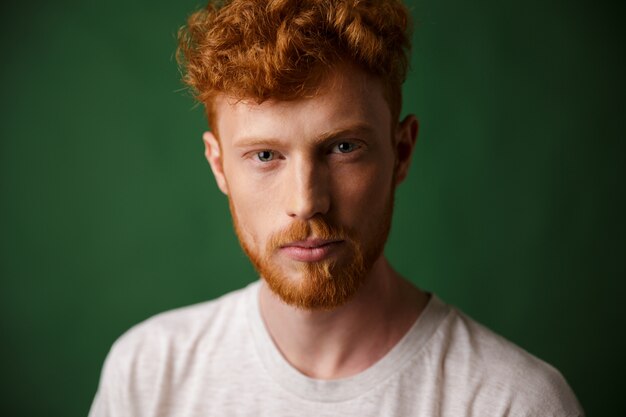 Ritratto del primo piano del giovane riccio di redhead con la barba