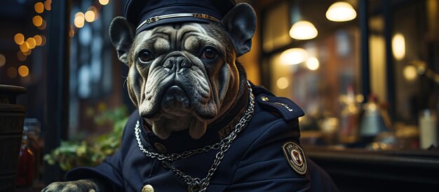 Ritratto del primo piano di un bulldog francese in uniforme della polizia