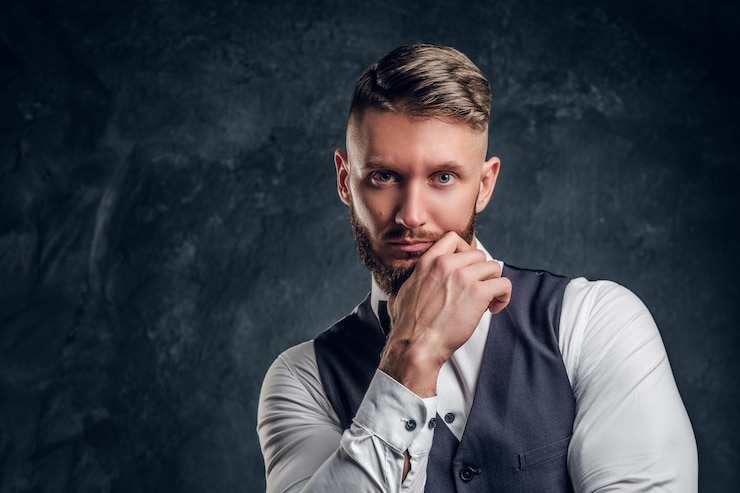 Foto gratuito ritratto del primo piano di un giovane elegantemente vestito con barba e capelli alla moda che tengono la mano su un mento e che guarda una macchina fotografica. foto in studio su sfondo scuro della parete