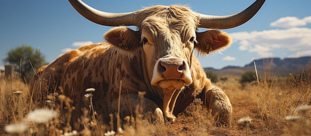 Ritratto del primo piano di una mucca marrone con grandi corna nel campo