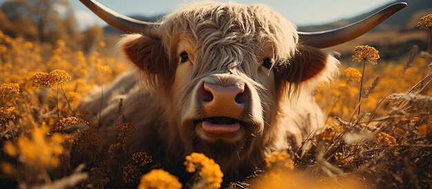 Ritratto del primo piano di una mucca scozzese sveglia dell'altopiano nel giacimento di fiore giallo