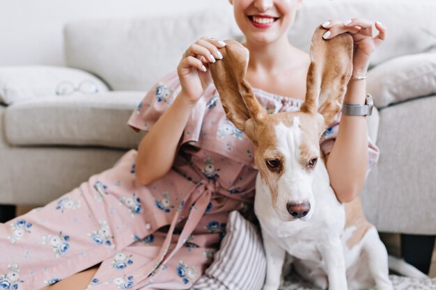 Ritratto dell'interno della donna sorridente in vestito rosa romantico con il cucciolo di beagle carino in primo piano. Incredibile ragazza con il manicure bianco che gioca con le orecchie del cane e che ride