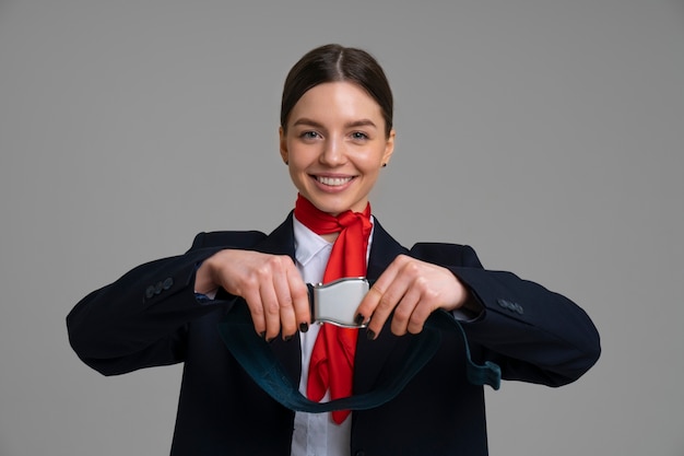 Ritratto di assistente di volo con cintura di sicurezza