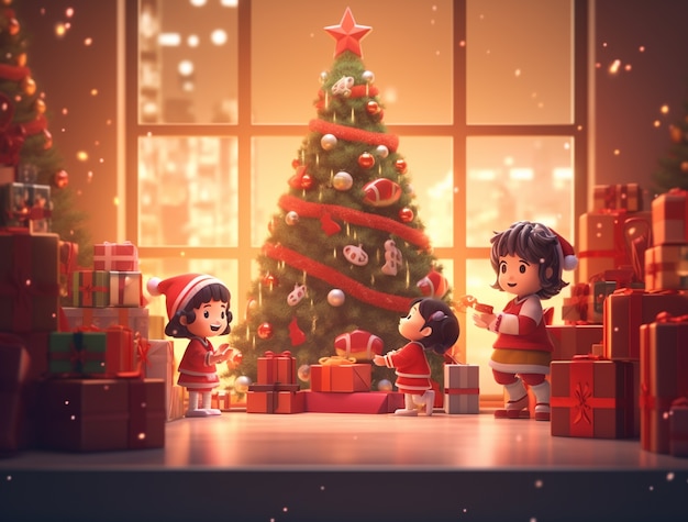 Ritratto di bambini piccoli in stile cartone animato che celebrano il Natale