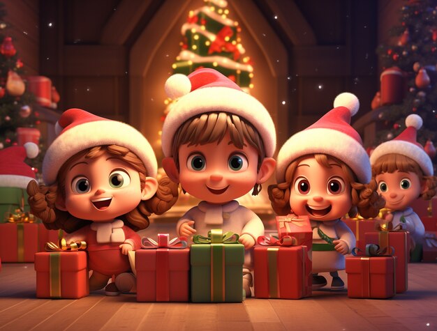 Ritratto di bambini piccoli in stile cartone animato che celebrano il Natale
