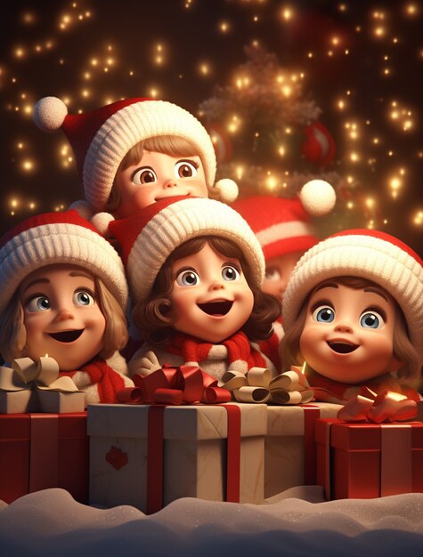 Ritratto di bambini piccoli in stile cartone animato che celebrano il Natale