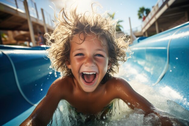 Ritratto di bambino sorridente allo scivolo acquatico