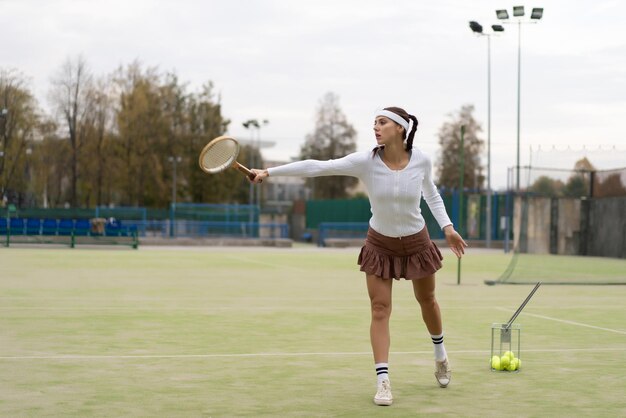 Ritratto di bella donna che gioca a tennis all&#39;aperto