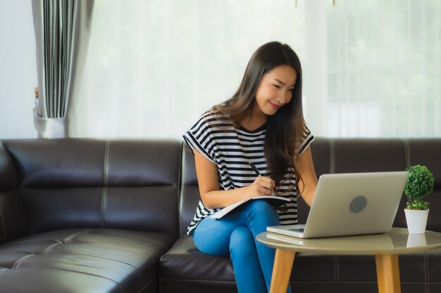 Ritratto di bella giovane donna asiatica che per mezzo del computer portatile sul sofà