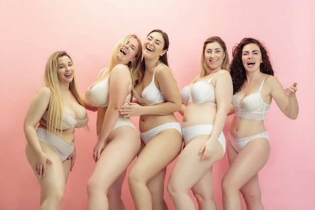 Ritratto di belle giovani donne plus size in posa sul rosa