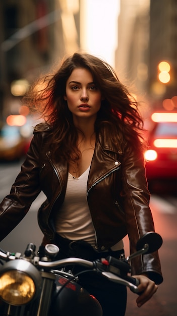 Ritratto di donna che guida la sua bicicletta a New York City