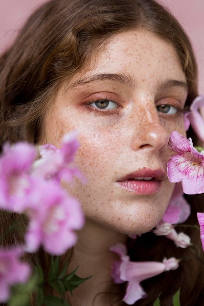 Ritratto di donna lentigginosa tenendo un fiore rosa