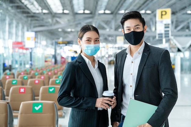 Ritratto di due uomini d'affari asiatici indossano maschera facciale virus che protegge il sorriso con benvenuto e fiducioso guardando la fotocamera con sfocatura dello sfondo del terminal dell'aeroporto distanza sociale nuovo stile di vita normale