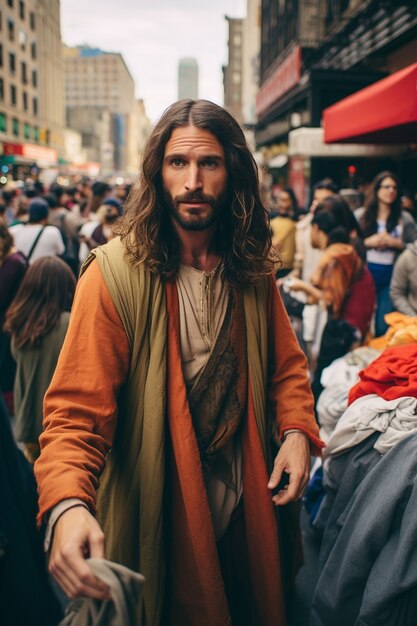 Ritratto di Gesù nel mondo moderno che fa cose contemporanee