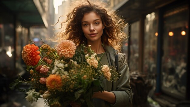 Ritratto di giovane donna con bouquet di fiori